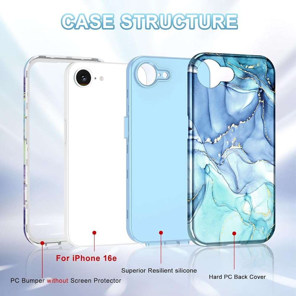 Btscase for iPhone 17e Case/iPhone 16e Case,[Military Grade Drop Tested] Marble Pattern Design Slim Rugged Shockproof Women Girls Men Protective Anti-Scratch Cover for iPhone 17e/16e, Blue Cyan - Image 2