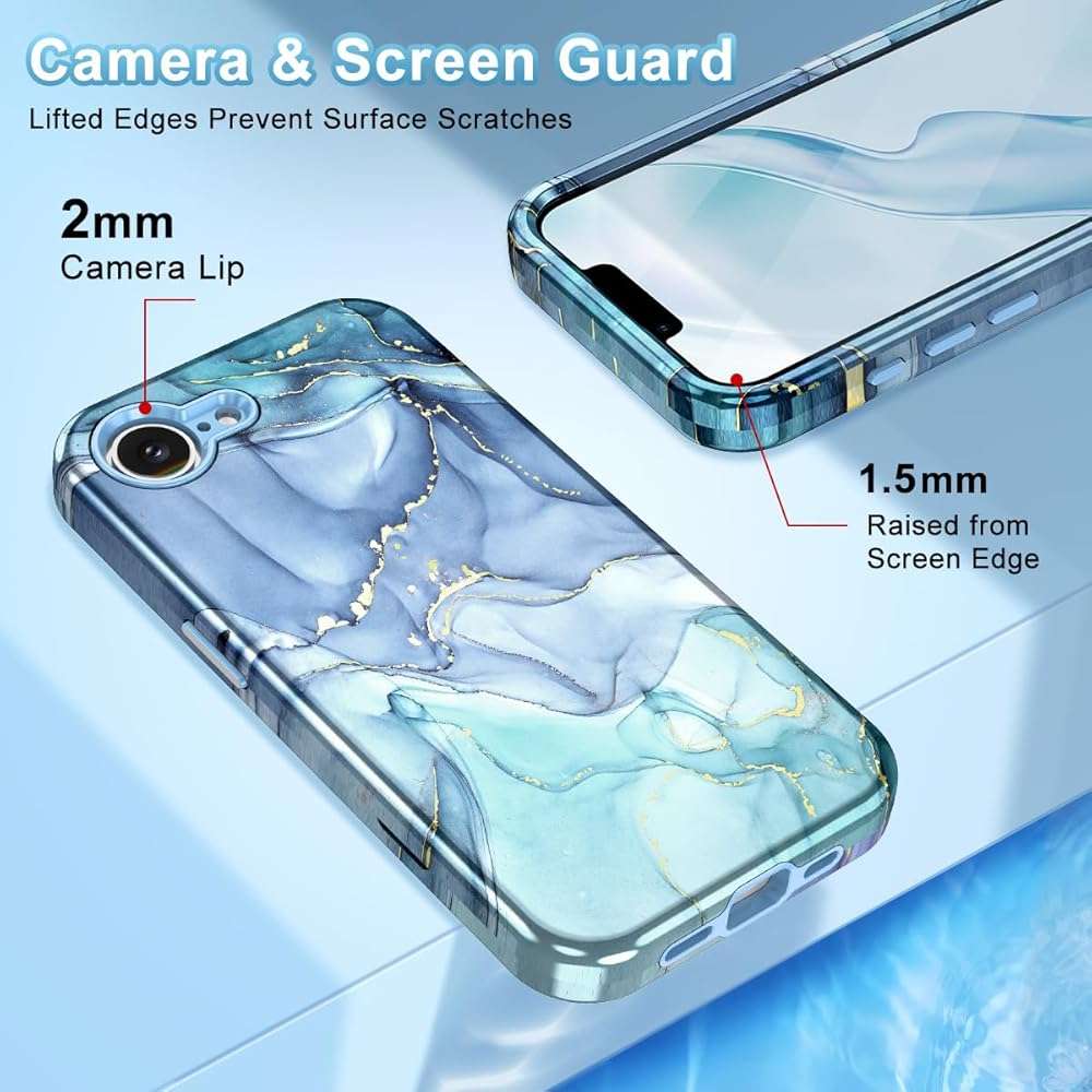 Btscase for iPhone 17e Case/iPhone 16e Case,[Military Grade Drop Tested] Marble Pattern Design Slim Rugged Shockproof Women Girls Men Protective Anti-Scratch Cover for iPhone 17e/16e, Blue Cyan - Image 4