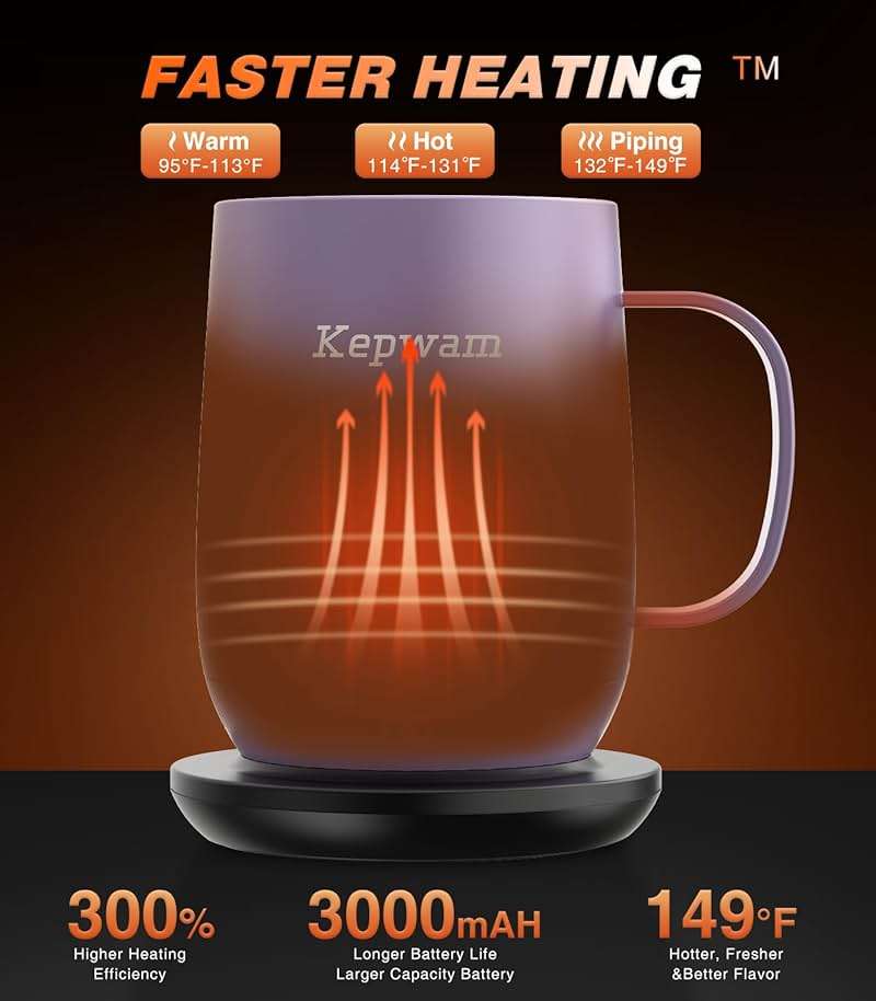 Kepwam Self Heating Coffee Mug T2, 16oz Smart Heated Coffee Mug, 150 Min Battery Life - Hot up to 149℉ Temperature Control Coffee Mug Warmer, Gifts for Dad Mom (No APP) - Image 3