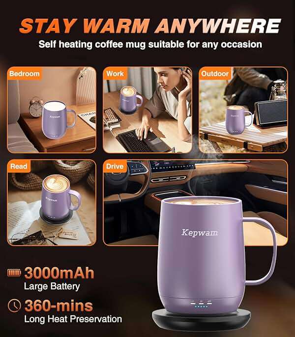 Kepwam Self Heating Coffee Mug T2, 16oz Smart Heated Coffee Mug, 150 Min Battery Life - Hot up to 149℉ Temperature Control Coffee Mug Warmer, Gifts for Dad Mom (No APP) - Image 5