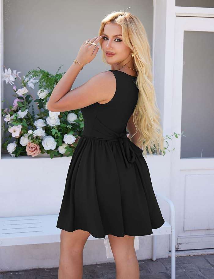 YMDUCH Women's Summer Sleeveless Square Neck A-line Ruffle Hem Mini Tank Dress with Pockets - Image 2