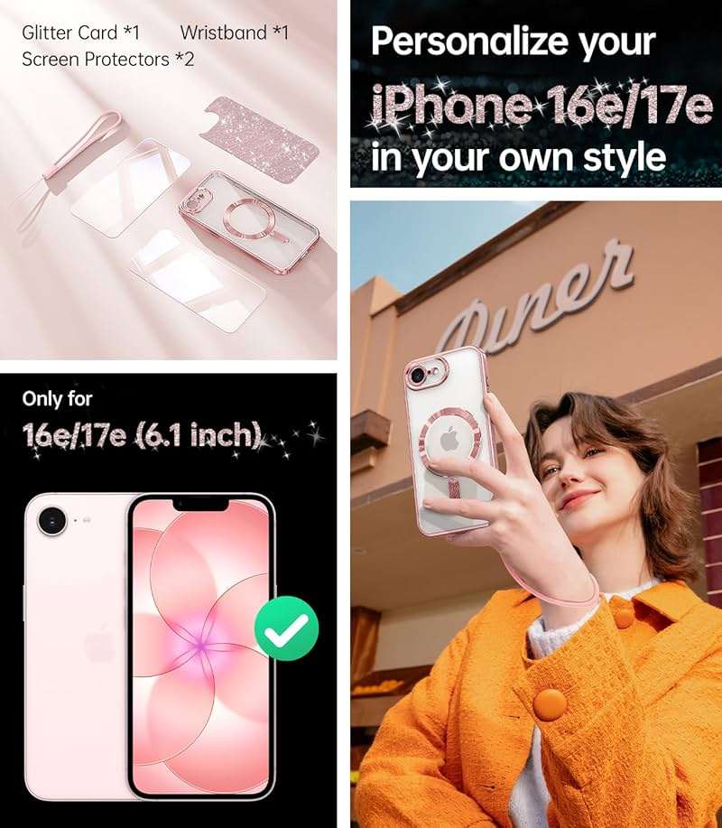 Meifigno Designed for iPhone 17e/16e Case 6.1", [Compatible with MagSafe] [Glitter Card & Wrist Strap] [2X Screen Protectors] Surround Raised Lens Protection Designed for 17e Phone Case/ 16e, Rose - Image 2