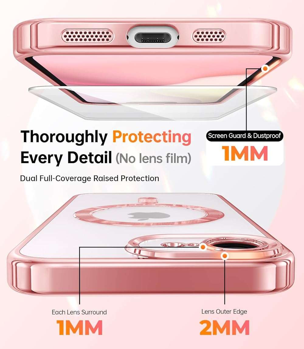 Meifigno Designed for iPhone 17e/16e Case 6.1", [Compatible with MagSafe] [Glitter Card & Wrist Strap] [2X Screen Protectors] Surround Raised Lens Protection Designed for 17e Phone Case/ 16e, Rose - Image 4