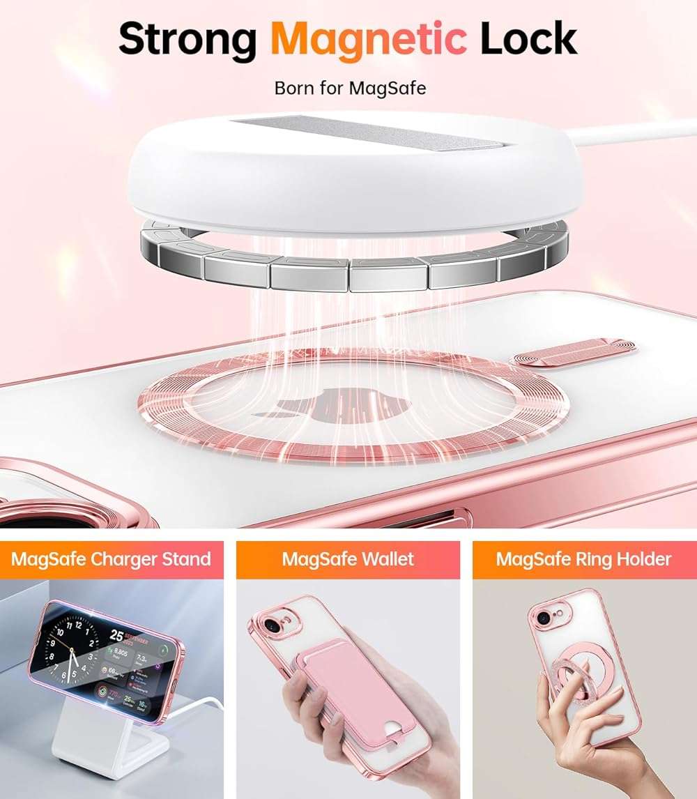 Meifigno Designed for iPhone 17e/16e Case 6.1", [Compatible with MagSafe] [Glitter Card & Wrist Strap] [2X Screen Protectors] Surround Raised Lens Protection Designed for 17e Phone Case/ 16e, Rose - Image 6