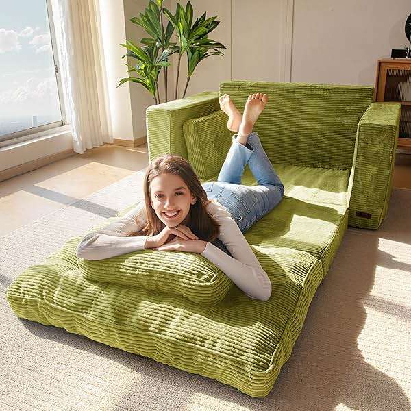 MAXYOYO Convertible Sofa Bed, Pull Out Loveseat Sofa Couch, 2 in 1 Folding Couch Bed, Fold Out Floor Couch with Pillows for Living Room Bedroom Lounge, Green - Image 2