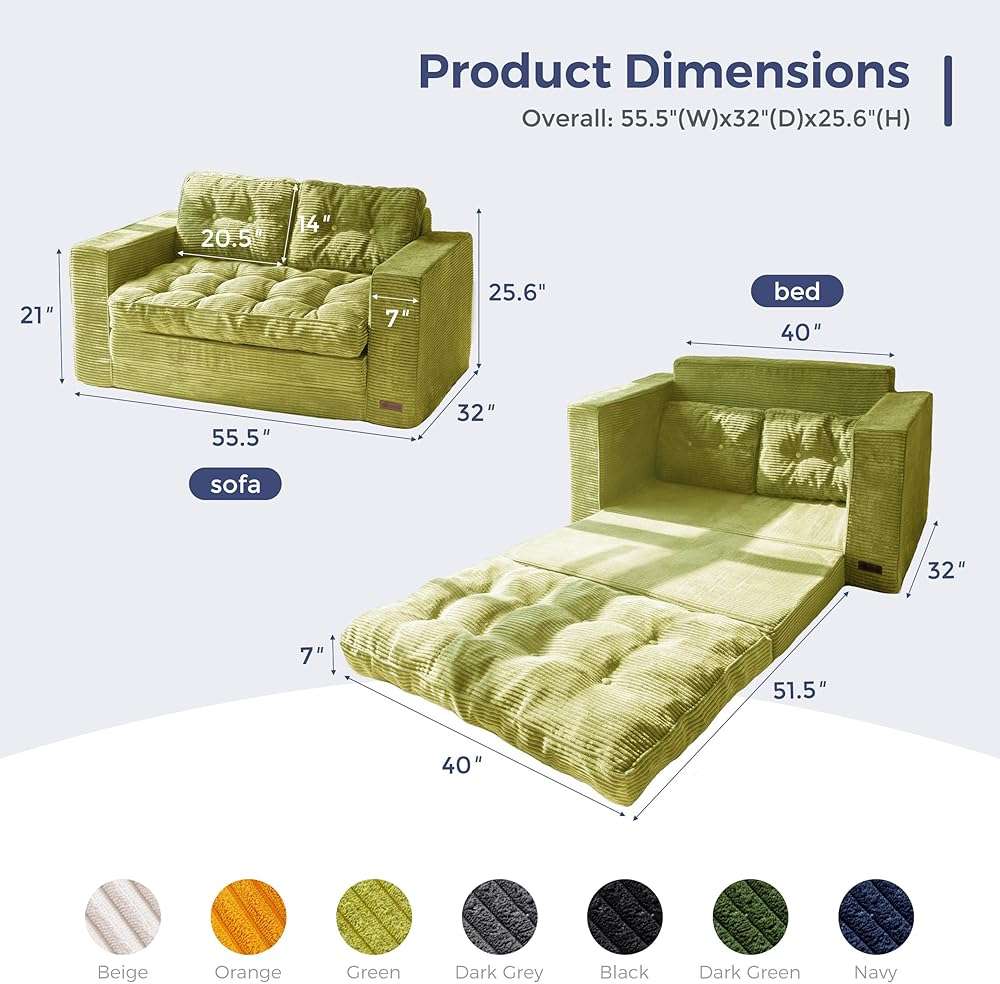 MAXYOYO Convertible Sofa Bed, Pull Out Loveseat Sofa Couch, 2 in 1 Folding Couch Bed, Fold Out Floor Couch with Pillows for Living Room Bedroom Lounge, Green - Image 3