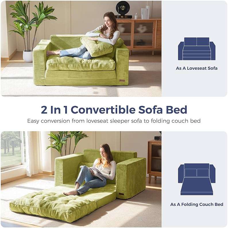 MAXYOYO Convertible Sofa Bed, Pull Out Loveseat Sofa Couch, 2 in 1 Folding Couch Bed, Fold Out Floor Couch with Pillows for Living Room Bedroom Lounge, Green - Image 4