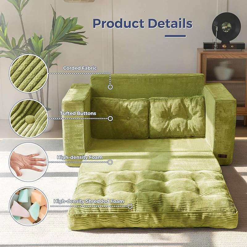 MAXYOYO Convertible Sofa Bed, Pull Out Loveseat Sofa Couch, 2 in 1 Folding Couch Bed, Fold Out Floor Couch with Pillows for Living Room Bedroom Lounge, Green - Image 5