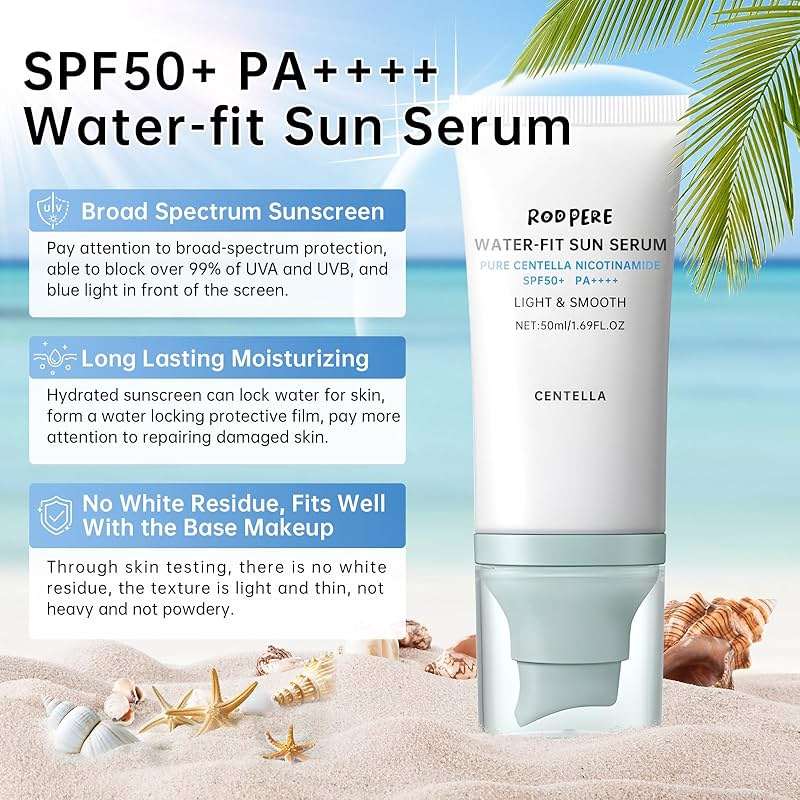 Centella Sunscreen SPF 50+ PA++++, 50ml Korean Sun Screen With Niacinamide For Face & Body, Gentle Water - Fit Sun Serum For Oily & Dry Skin, Long Lasting Moisturizing, No White Cast, Travel Size - Image 2