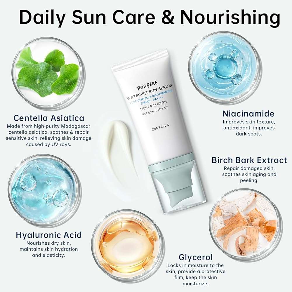 Centella Sunscreen SPF 50+ PA++++, 50ml Korean Sun Screen With Niacinamide For Face & Body, Gentle Water - Fit Sun Serum For Oily & Dry Skin, Long Lasting Moisturizing, No White Cast, Travel Size - Image 3
