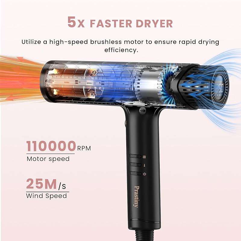 Prastiny Ionic Hair Dryer with Diffuser, Fast Drying Blow Dryer with LCD Display & Auto-Cleaning Technology, 4 Heat & 3 Speed Settings, Lightweight Low-Noise Design, ALCI Cord - Image 2