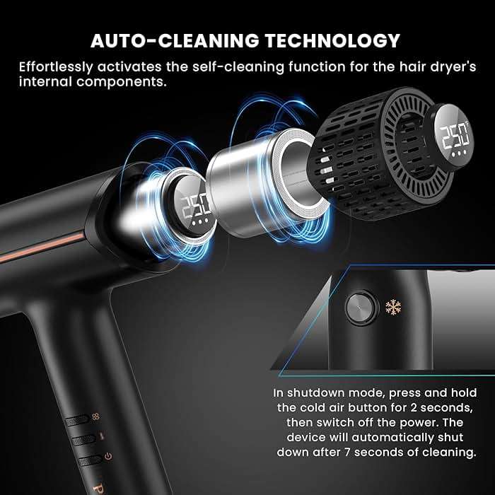 Prastiny Ionic Hair Dryer with Diffuser, Fast Drying Blow Dryer with LCD Display & Auto-Cleaning Technology, 4 Heat & 3 Speed Settings, Lightweight Low-Noise Design, ALCI Cord - Image 6