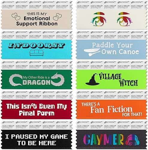 pc/nametag 4 Inch Pop Culture Anime Badge Ribbons with Adhesive for Fan Cons, 100 Pack with 10 Titles for Nametags 4 Inches or Wider, Conventions, Cosplay - Image 1