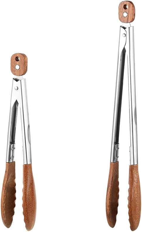 2 Pcs Walnut Wooden Kitchen Tongs with Wooden Tips, Kitchen Tongs Salad Tongs for Cooking-Stainless Steel Handle-Nonstick Cooking Tongs,Wooden Tongs Kitchen for Salad, Serving Food, Grilling - Image 1