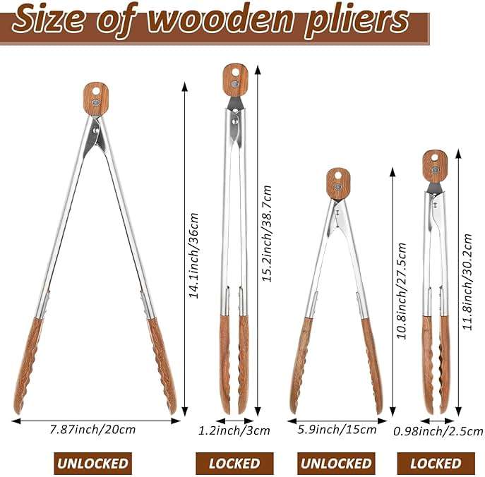 2 Pcs Walnut Wooden Kitchen Tongs with Wooden Tips, Kitchen Tongs Salad Tongs for Cooking-Stainless Steel Handle-Nonstick Cooking Tongs,Wooden Tongs Kitchen for Salad, Serving Food, Grilling - Image 3