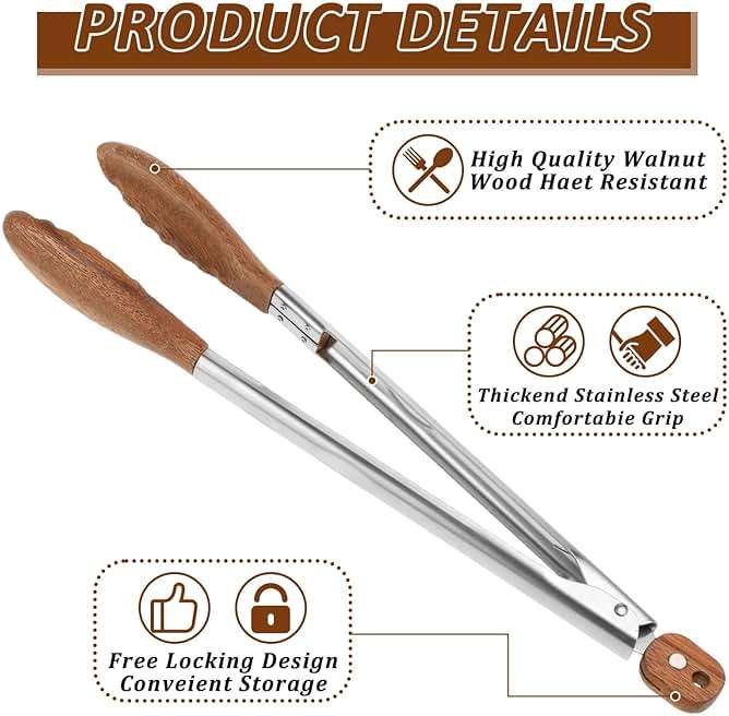 2 Pcs Walnut Wooden Kitchen Tongs with Wooden Tips, Kitchen Tongs Salad Tongs for Cooking-Stainless Steel Handle-Nonstick Cooking Tongs,Wooden Tongs Kitchen for Salad, Serving Food, Grilling - Image 4