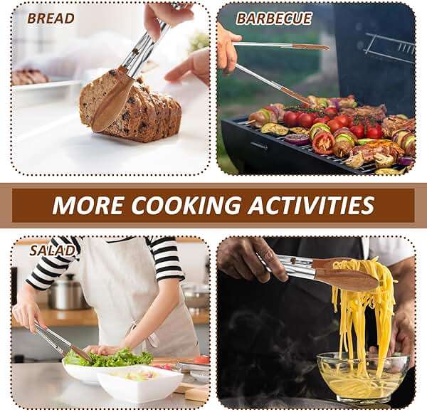 2 Pcs Walnut Wooden Kitchen Tongs with Wooden Tips, Kitchen Tongs Salad Tongs for Cooking-Stainless Steel Handle-Nonstick Cooking Tongs,Wooden Tongs Kitchen for Salad, Serving Food, Grilling - Image 6