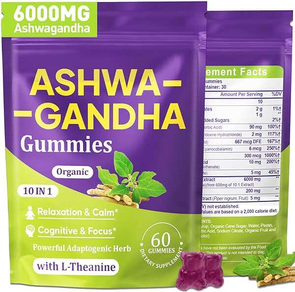 Ashwagandha Gummies for Women & Men, 10 in 1 Ashwagandha Supplements for Stress*, Relaxation*, Cortisol, Cognitive, Zzz, Immune, with L Theanine, Vitamin B6, Black Pepper, Berry Flavor, 60 Count - Image 1