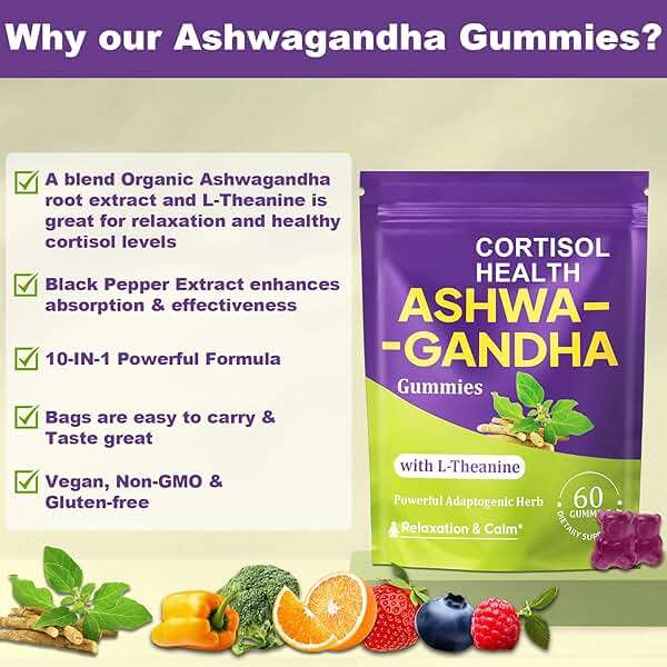 Ashwagandha Gummies for Women & Men, 10 in 1 Ashwagandha Supplements for Stress*, Relaxation*, Cortisol, Cognitive, Zzz, Immune, with L Theanine, Vitamin B6, Black Pepper, Berry Flavor, 60 Count - Image 6
