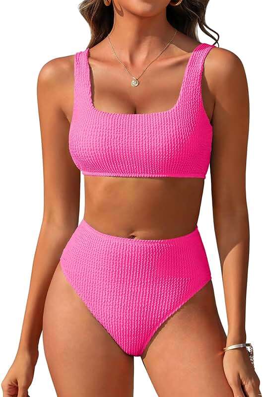 ANRABESS Women’ Two Piece Bikini Sets， High Waist Square Neck Swimsuits ，Ribbed Textured Comfy Bathing Suits，Beach Swim Wear - Image 1