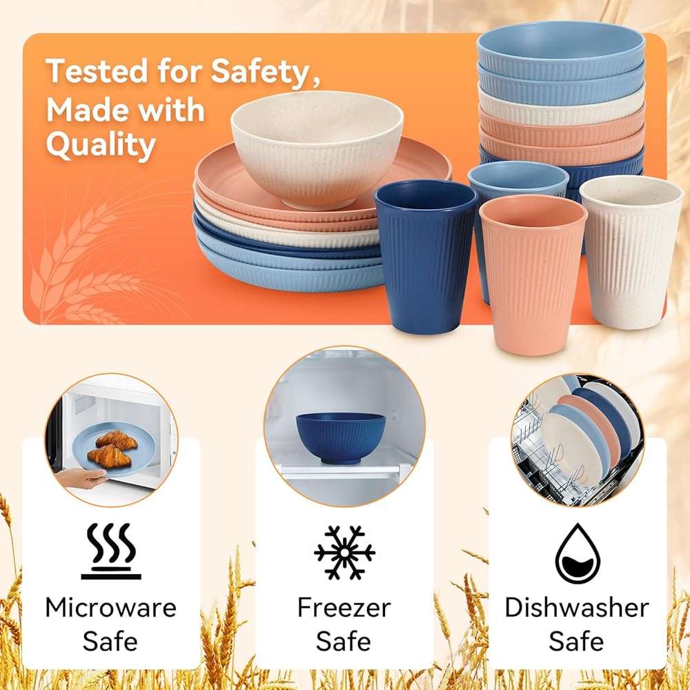 Wheat Straw Dinnerware Sets,64-Piece Black Plates and Bowls Sets for 8-Unbreakable,Reusable Plastic Dish Set-Dinner Plate/Dessert Plate/Cereal Bowl/Cup/Utensils-Microwavable Dishwasher Safe 64P-BLACK - Image 3