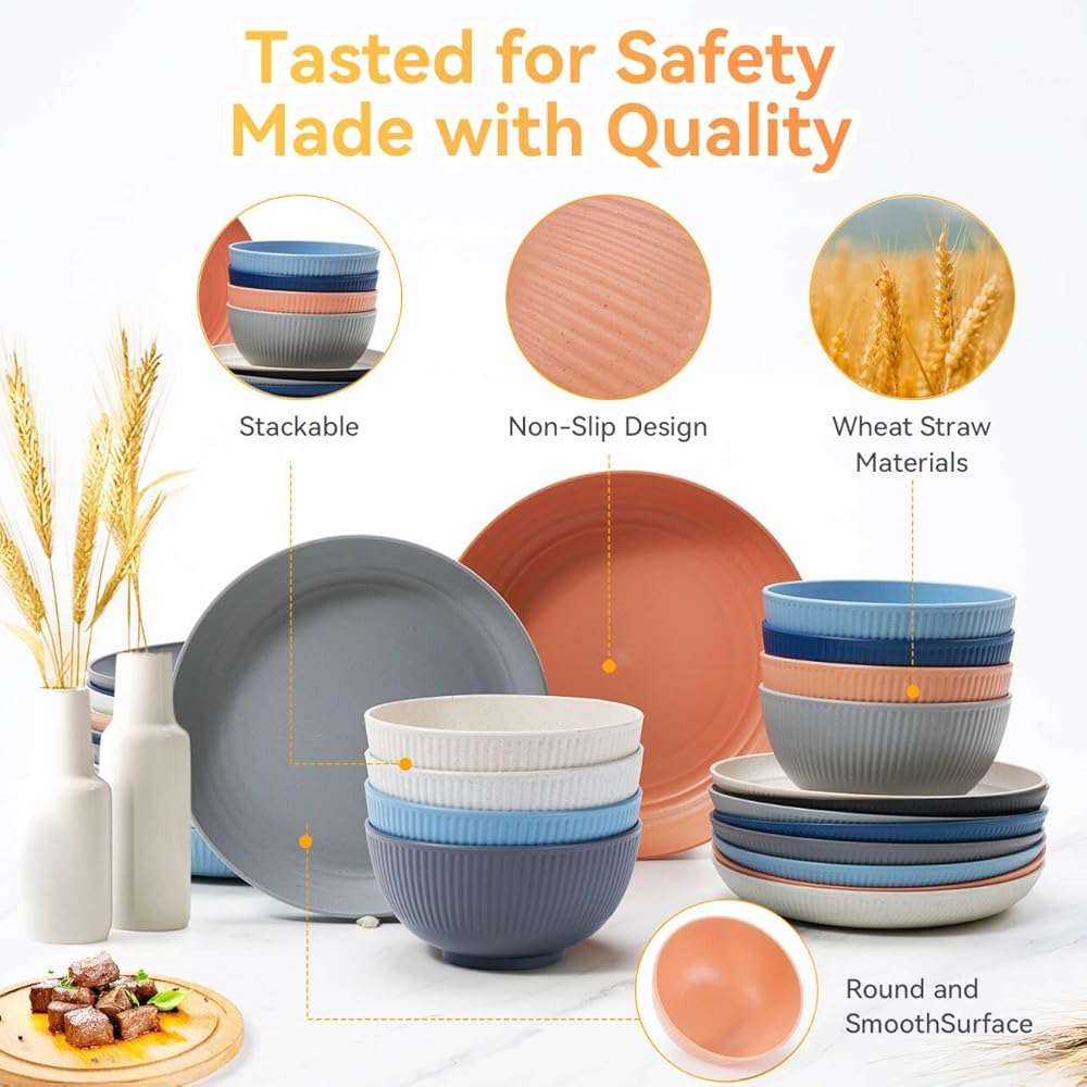 Wheat Straw Dinnerware Sets,64-Piece Black Plates and Bowls Sets for 8-Unbreakable,Reusable Plastic Dish Set-Dinner Plate/Dessert Plate/Cereal Bowl/Cup/Utensils-Microwavable Dishwasher Safe 64P-BLACK - Image 4