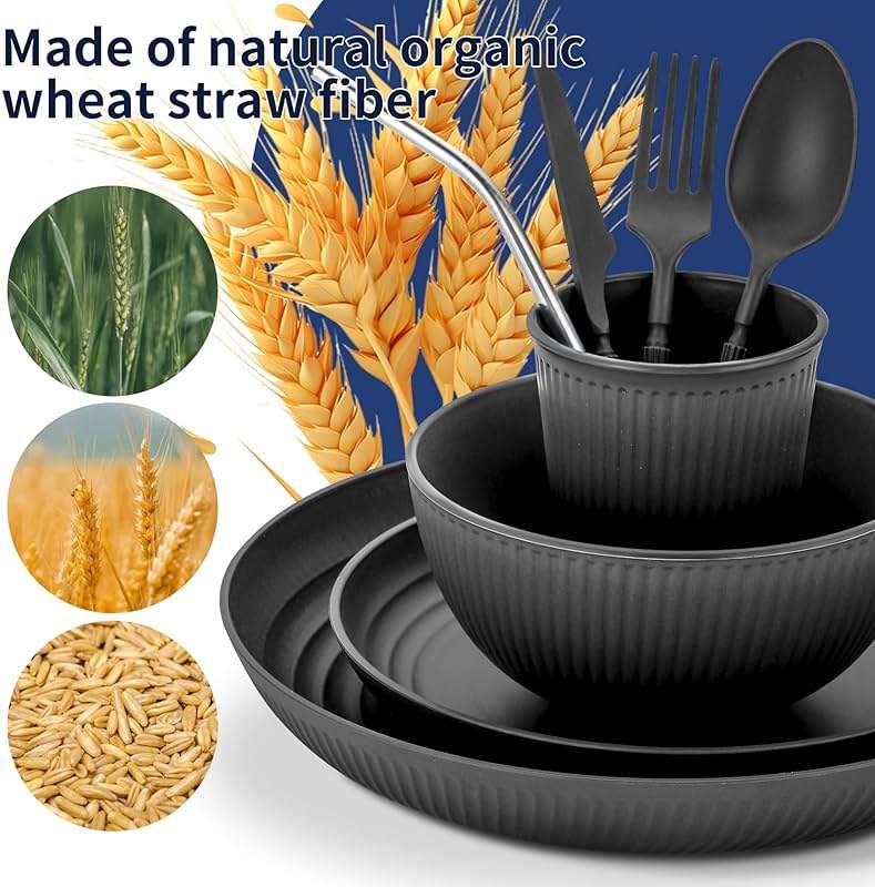 Wheat Straw Dinnerware Sets,64-Piece Black Plates and Bowls Sets for 8-Unbreakable,Reusable Plastic Dish Set-Dinner Plate/Dessert Plate/Cereal Bowl/Cup/Utensils-Microwavable Dishwasher Safe 64P-BLACK - Image 5