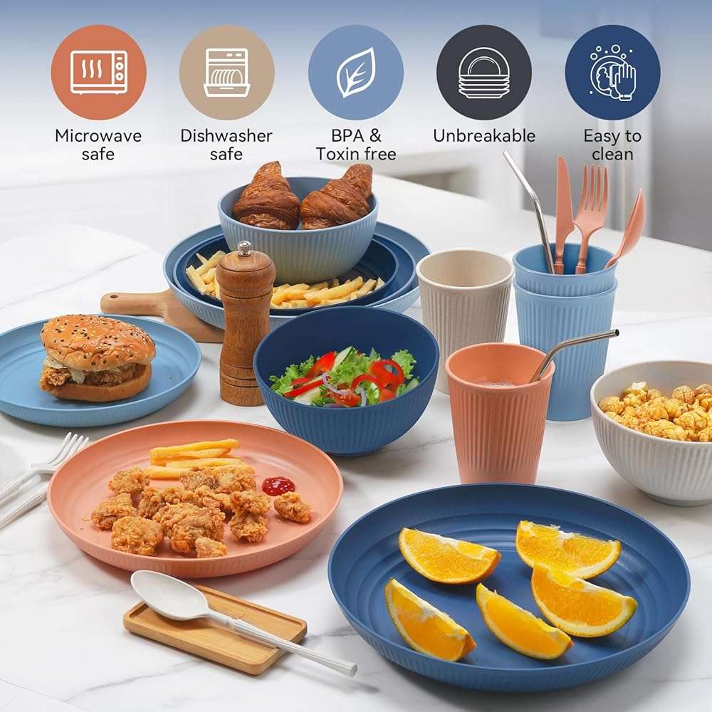 Wheat Straw Dinnerware Sets,64-Piece Black Plates and Bowls Sets for 8-Unbreakable,Reusable Plastic Dish Set-Dinner Plate/Dessert Plate/Cereal Bowl/Cup/Utensils-Microwavable Dishwasher Safe 64P-BLACK - Image 7