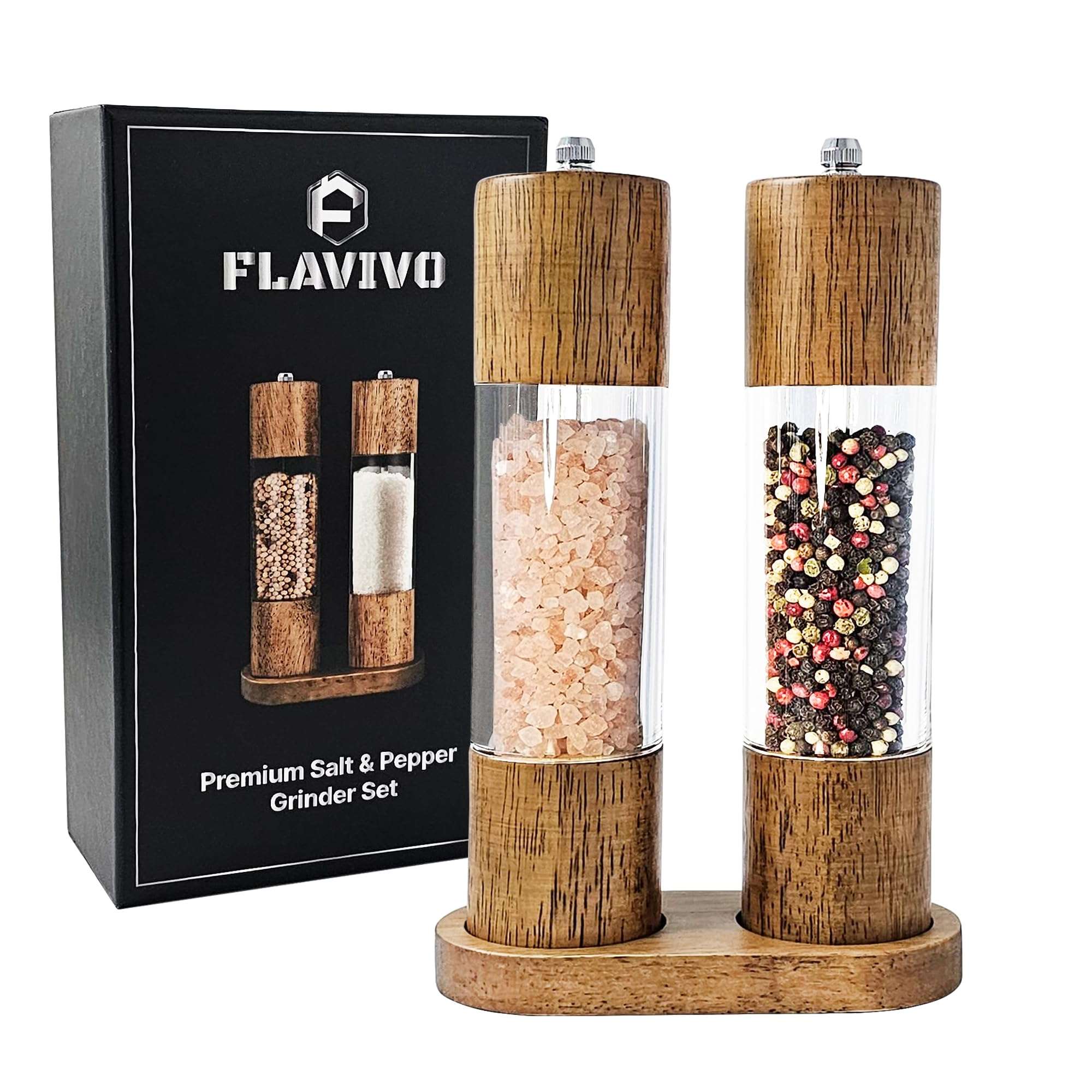 FLAVIVO Wooden Salt and Pepper Grinder Set, Manual Premium Acrylic Salt and pepper Mills with Adjustable Ceramic Core and Wooden Stand, 8-Inch Refillable Giftable Shakers (2 Pieces with Tray) - Image 1