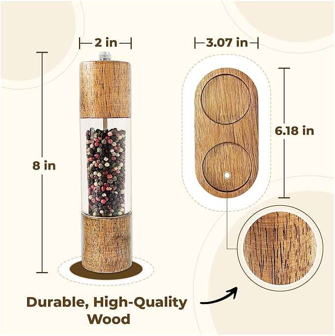 FLAVIVO Wooden Salt and Pepper Grinder Set, Manual Premium Acrylic Salt and pepper Mills with Adjustable Ceramic Core and Wooden Stand, 8-Inch Refillable Giftable Shakers (2 Pieces with Tray) - Image 2