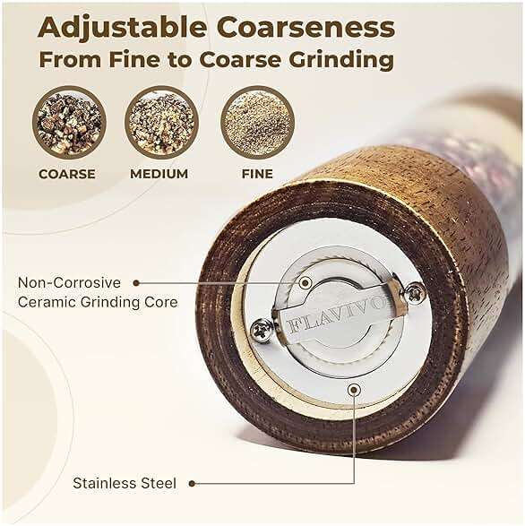 FLAVIVO Wooden Salt and Pepper Grinder Set, Manual Premium Acrylic Salt and pepper Mills with Adjustable Ceramic Core and Wooden Stand, 8-Inch Refillable Giftable Shakers (2 Pieces with Tray) - Image 4