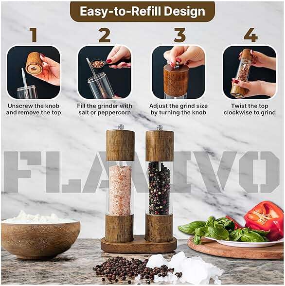 FLAVIVO Wooden Salt and Pepper Grinder Set, Manual Premium Acrylic Salt and pepper Mills with Adjustable Ceramic Core and Wooden Stand, 8-Inch Refillable Giftable Shakers (2 Pieces with Tray) - Image 5