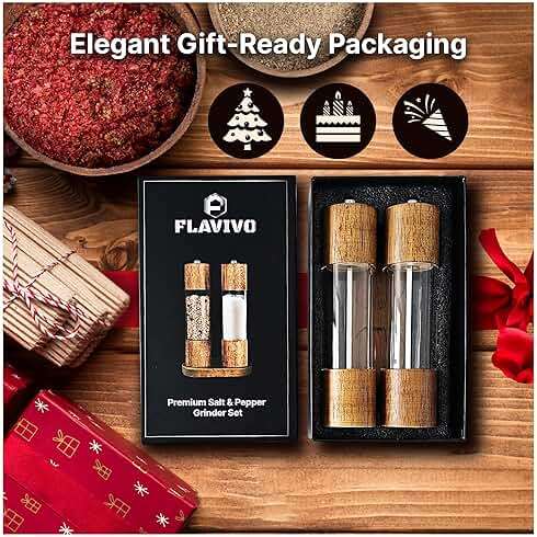 FLAVIVO Wooden Salt and Pepper Grinder Set, Manual Premium Acrylic Salt and pepper Mills with Adjustable Ceramic Core and Wooden Stand, 8-Inch Refillable Giftable Shakers (2 Pieces with Tray) - Image 6
