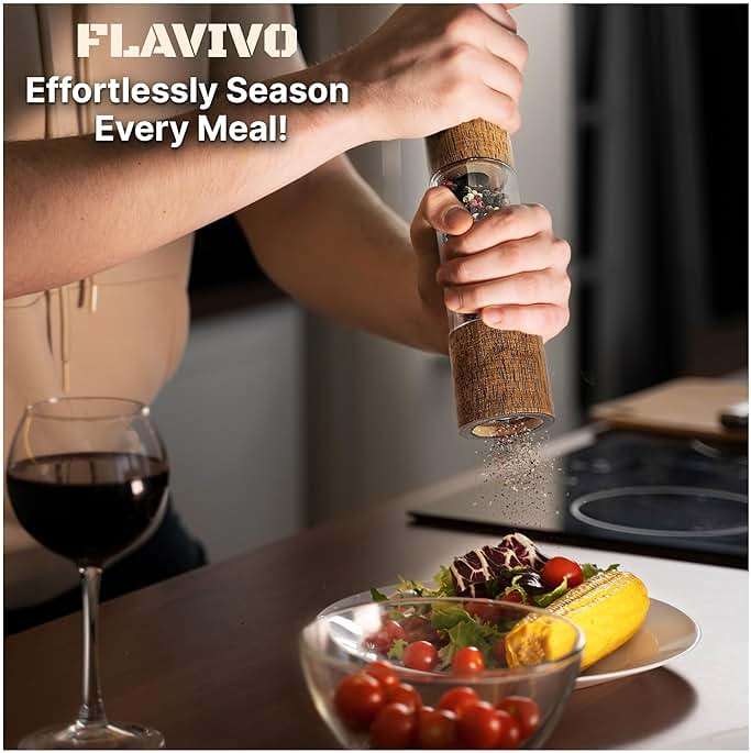 FLAVIVO Wooden Salt and Pepper Grinder Set, Manual Premium Acrylic Salt and pepper Mills with Adjustable Ceramic Core and Wooden Stand, 8-Inch Refillable Giftable Shakers (2 Pieces with Tray) - Image 7