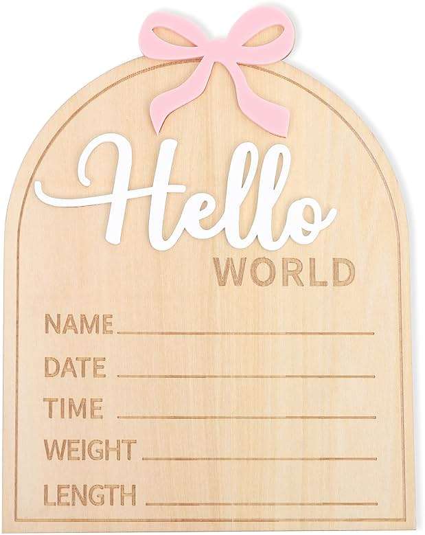 Wooden Hello World Baby Birth Announcement Sign - Coquette Hello World Baby Sign,Bow Hello World Sign,Newborn Photo Prop,Pink Bow Coquette Birth Sign - Image 1