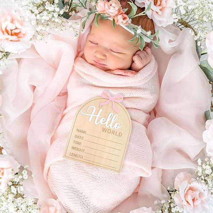 Wooden Hello World Baby Birth Announcement Sign - Coquette Hello World Baby Sign,Bow Hello World Sign,Newborn Photo Prop,Pink Bow Coquette Birth Sign - Image 2
