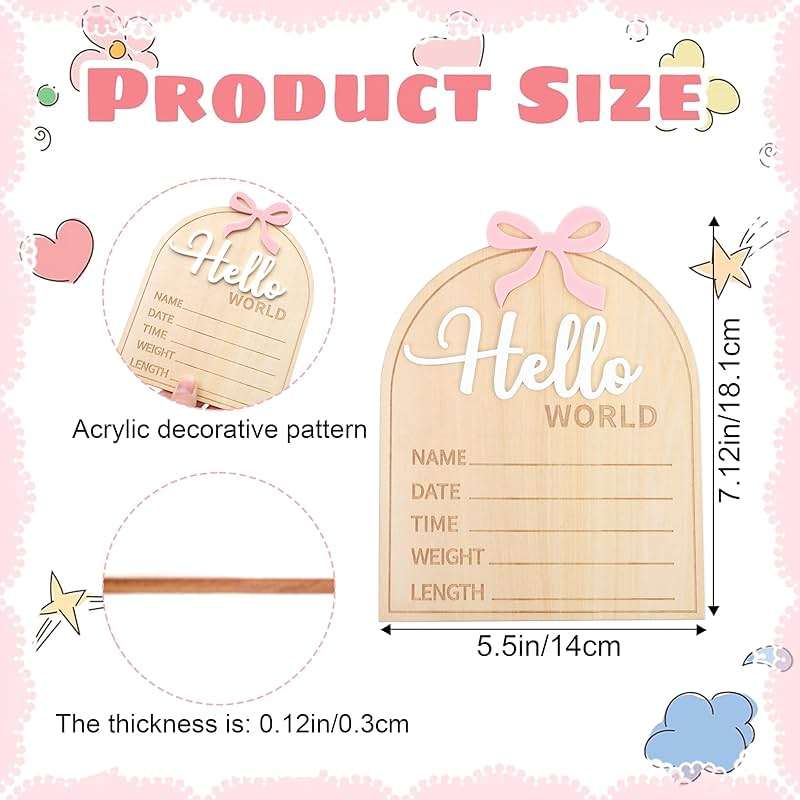Wooden Hello World Baby Birth Announcement Sign - Coquette Hello World Baby Sign,Bow Hello World Sign,Newborn Photo Prop,Pink Bow Coquette Birth Sign - Image 3