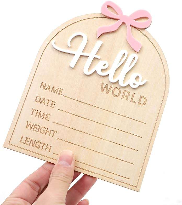 Wooden Hello World Baby Birth Announcement Sign - Coquette Hello World Baby Sign,Bow Hello World Sign,Newborn Photo Prop,Pink Bow Coquette Birth Sign - Image 4