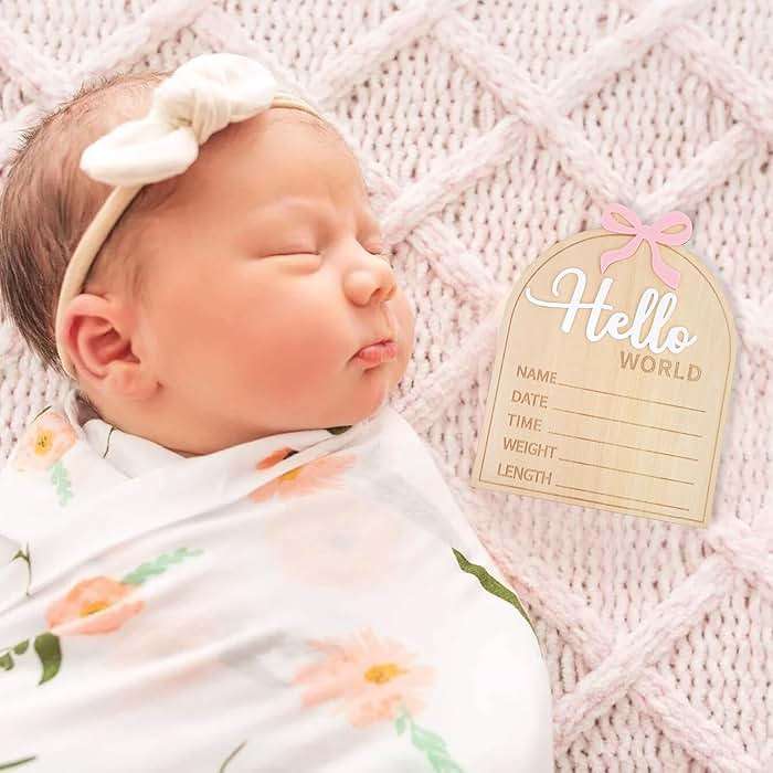 Wooden Hello World Baby Birth Announcement Sign - Coquette Hello World Baby Sign,Bow Hello World Sign,Newborn Photo Prop,Pink Bow Coquette Birth Sign - Image 5