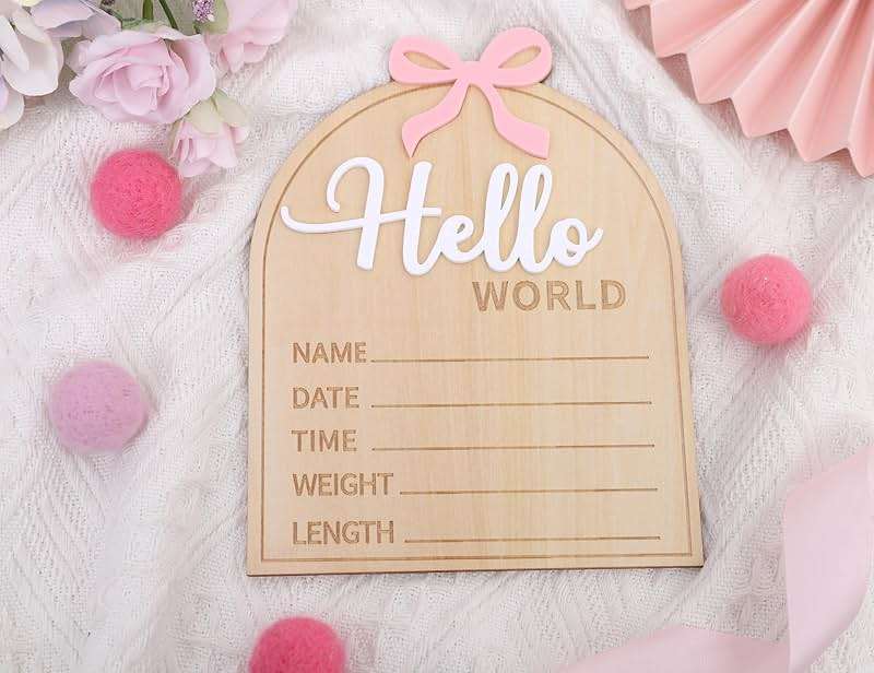 Wooden Hello World Baby Birth Announcement Sign - Coquette Hello World Baby Sign,Bow Hello World Sign,Newborn Photo Prop,Pink Bow Coquette Birth Sign - Image 6