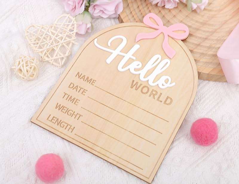 Wooden Hello World Baby Birth Announcement Sign - Coquette Hello World Baby Sign,Bow Hello World Sign,Newborn Photo Prop,Pink Bow Coquette Birth Sign - Image 7