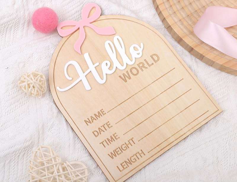 Wooden Hello World Baby Birth Announcement Sign - Coquette Hello World Baby Sign,Bow Hello World Sign,Newborn Photo Prop,Pink Bow Coquette Birth Sign - Image 8