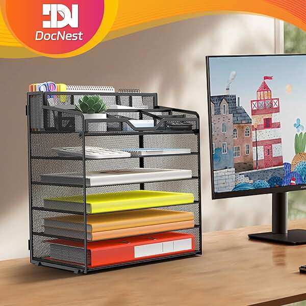 Docnest 6 Tier Mesh Desk Organizer for Paper Office Supplies – Multi-Functional Letter Tray with 5 Adjustable Compartments, 3 Pen Holders, Desktop Storage for Files, Mail, Stationery – Black - Image 2