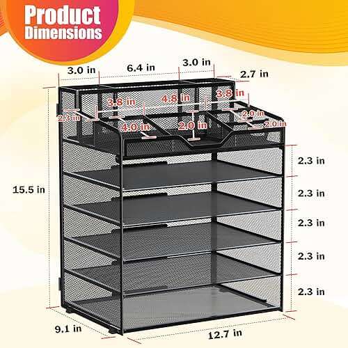 Docnest 6 Tier Mesh Desk Organizer for Paper Office Supplies – Multi-Functional Letter Tray with 5 Adjustable Compartments, 3 Pen Holders, Desktop Storage for Files, Mail, Stationery – Black - Image 3