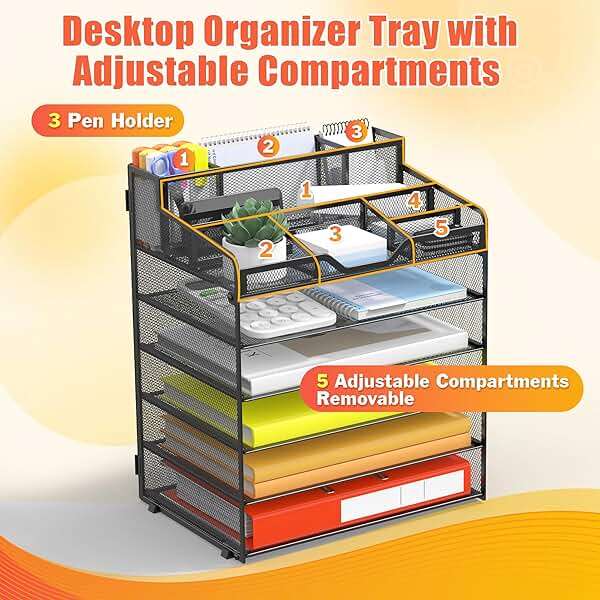 Docnest 6 Tier Mesh Desk Organizer for Paper Office Supplies – Multi-Functional Letter Tray with 5 Adjustable Compartments, 3 Pen Holders, Desktop Storage for Files, Mail, Stationery – Black - Image 5
