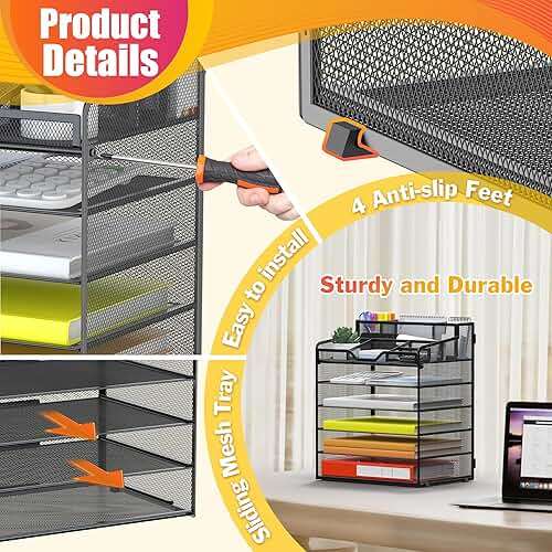 Docnest 6 Tier Mesh Desk Organizer for Paper Office Supplies – Multi-Functional Letter Tray with 5 Adjustable Compartments, 3 Pen Holders, Desktop Storage for Files, Mail, Stationery – Black - Image 6