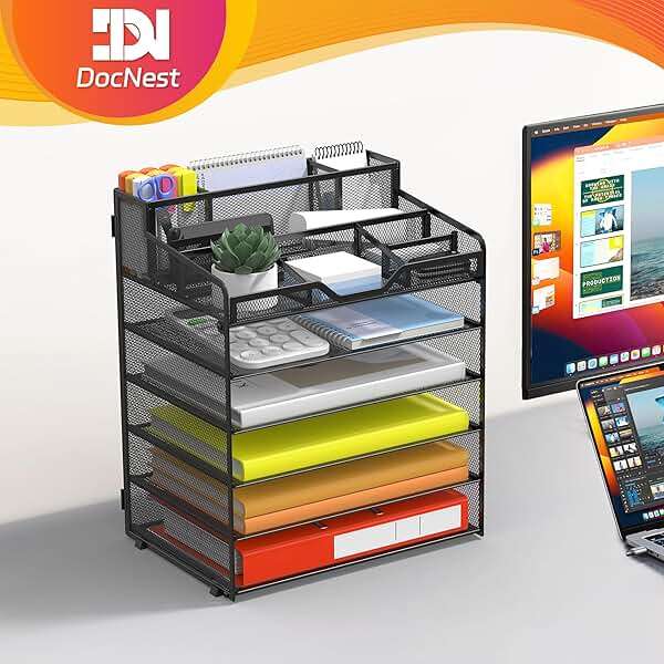 Docnest 6 Tier Mesh Desk Organizer for Paper Office Supplies – Multi-Functional Letter Tray with 5 Adjustable Compartments, 3 Pen Holders, Desktop Storage for Files, Mail, Stationery – Black - Image 7