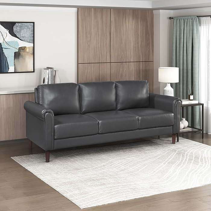 Lexicon 79" W Sofa Couch, Faux Leather Upholstered 3-Seater with Rolled Arms & Wood-Look Feet, Pocket Coil Support, Traditional Living Room, Office or Waiting Room Seating - Dark Gray - Image 1