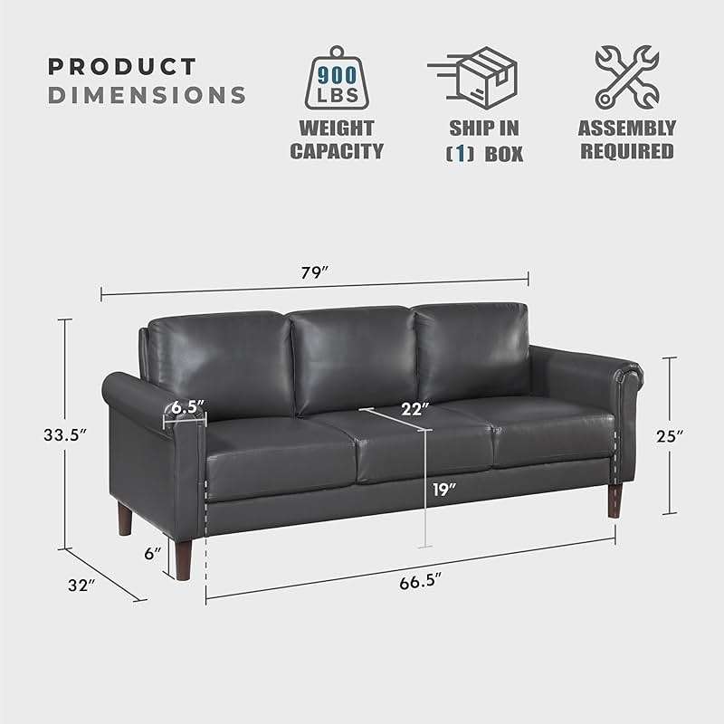 Lexicon 79" W Sofa Couch, Faux Leather Upholstered 3-Seater with Rolled Arms & Wood-Look Feet, Pocket Coil Support, Traditional Living Room, Office or Waiting Room Seating - Dark Gray - Image 2