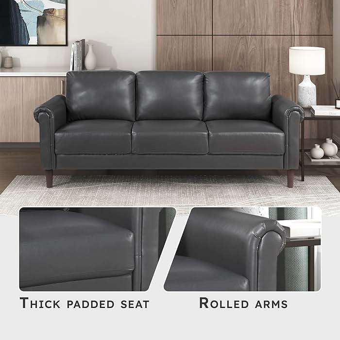 Lexicon 79" W Sofa Couch, Faux Leather Upholstered 3-Seater with Rolled Arms & Wood-Look Feet, Pocket Coil Support, Traditional Living Room, Office or Waiting Room Seating - Dark Gray - Image 3